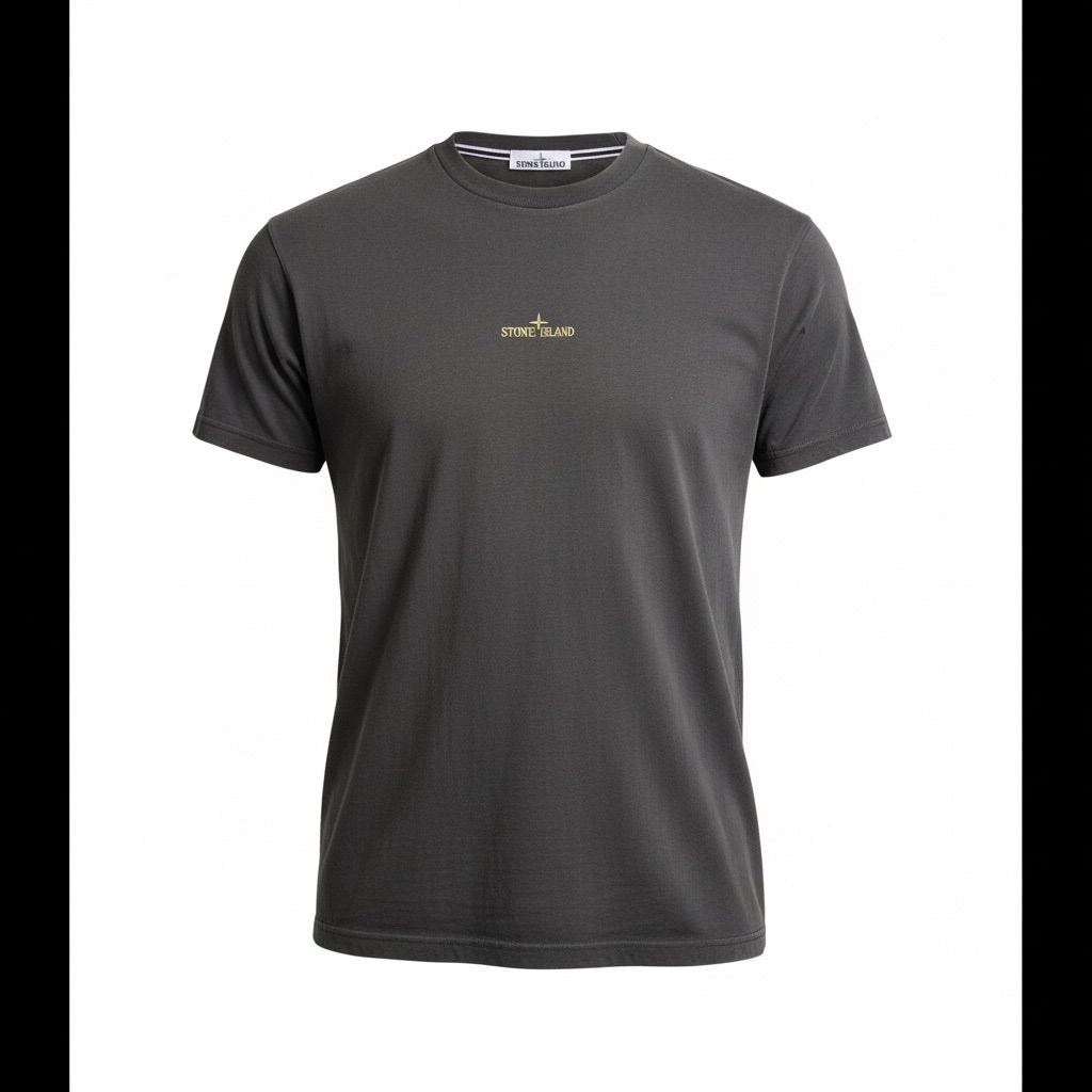 Back view of a charcoal Stone Island t-shirt with a large white compass logo and engineering text.