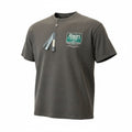Front view of a charcoal grey AMIRI Lounge t-shirt with a small green and white chest graphic.