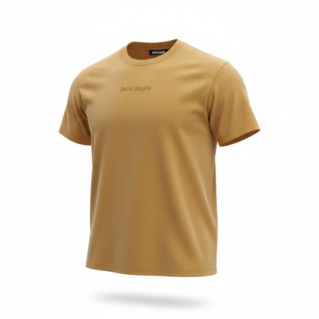 Rear view of a tan Palm Angels t-shirt showing the large arched white gothic logo print.