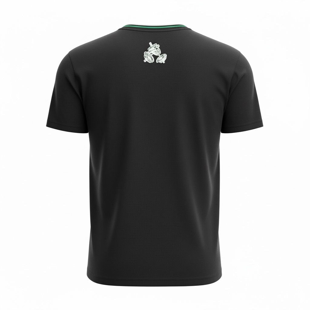 Back view of a black Jacquemus t-shirt showing the white dumbbell graphic print and green-striped collar.