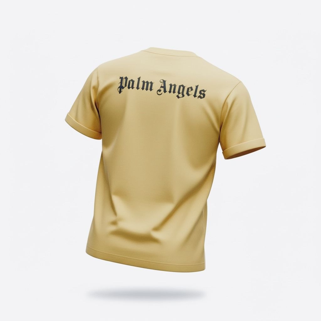 Rear view of a tan Palm Angels t-shirt showing the large arched white gothic logo print.