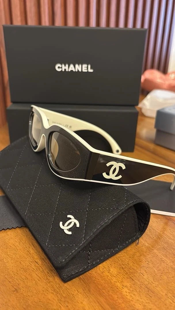 CHANEL Black & White Irregular Cat Eye Sunglasses New In Box