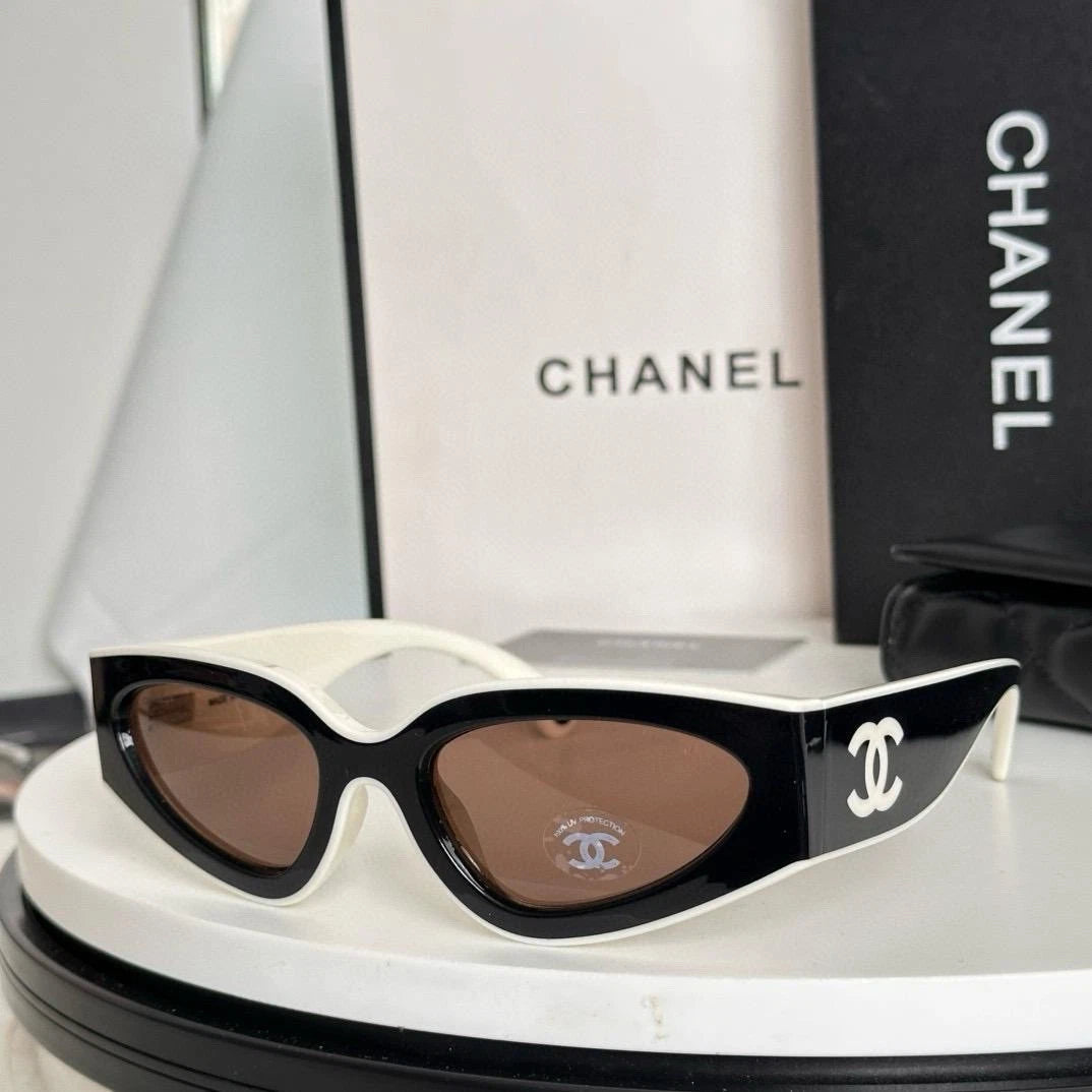 CHANEL Black & White Irregular Cat Eye Sunglasses New In Box (with Brown Lens)