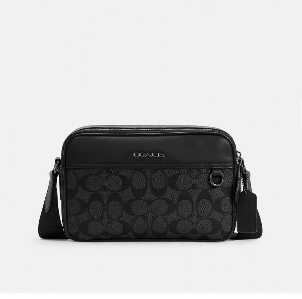 Coach Unisex Black GrahamCrossbody Bag Leather Mens Singature Canvas