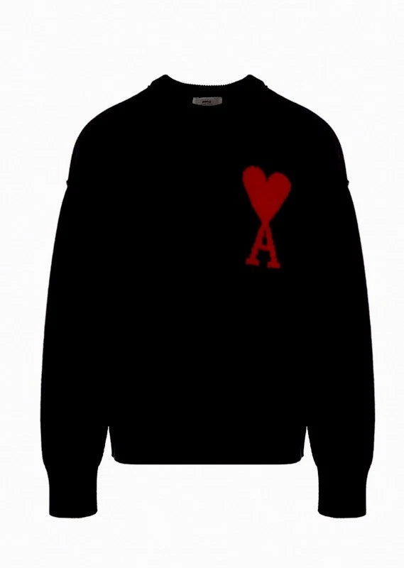 AMI PARIS Ami de Coeur Crewneck Sweater - Black Cotton Merino Wool - Men's L
