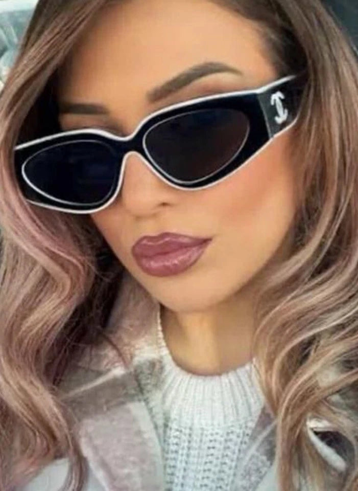 CHANEL Black & White Irregular Cat Eye Sunglasses New In Box