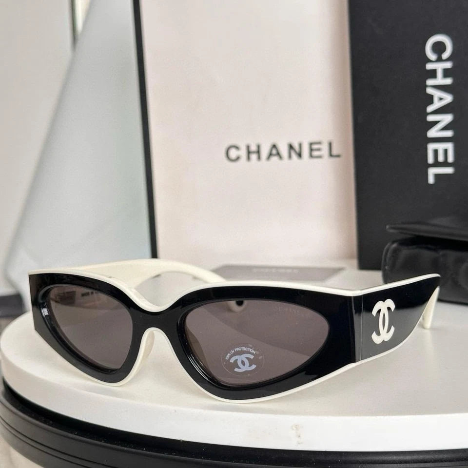 CHANEL Black & White Irregular Cat Eye Sunglasses New In Box
